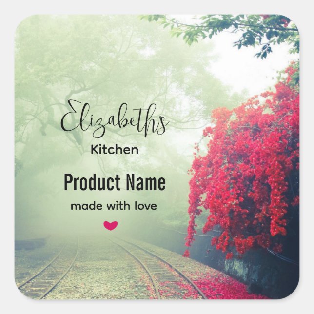 Photo of Misty Train Tracks & Red Tree - Kitchen Square Sticker (Front)