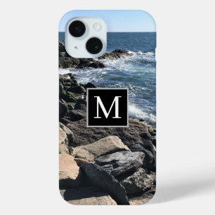 Photo of Ocean Waves and Rocks Initial Black iPhone 15 Case