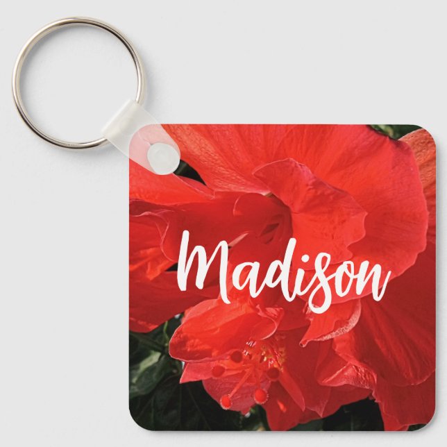 Photo of Orange Double Hibiscus Custom Name Key Ring (Front)