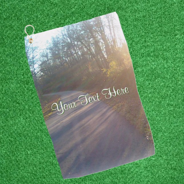 Photo of Paved Sunlit Path in Woods Trees Golf Towel (Photo of winding sunlit paved path thru trees in woods on golf towel.)