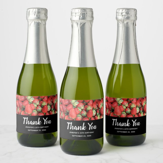 Photo of Red Juicy Strawberries  Thank You Sparkling Wine Label (Bottles)