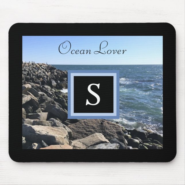 Photo of Sea Waves and Rocks Initial Frame Black Mouse Pad (Front)