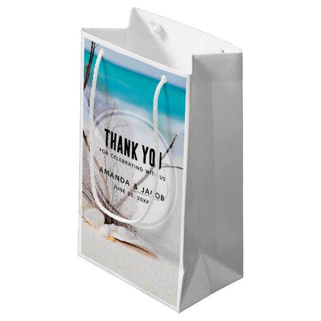 Photo of Seashells on a Beach Wedding Thank You Small Gift Bag (Front Angled)