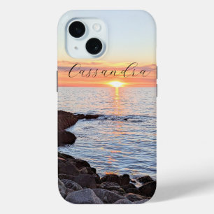 Photo of Sun and Ocean Golden Sunset Name iPhone 15 Case