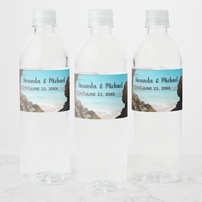 Photo of Tropical Island Coast & Sea Wedding Water Bottle Label (Bottles)