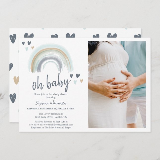  Photo Oh Baby Shower Blue Boho Rainbow  Invitation (Front/Back)