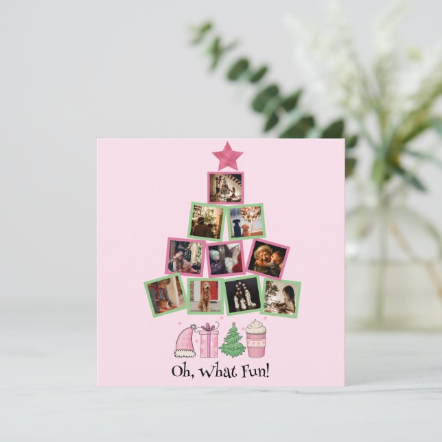 Photo Oh, What Fun Pink & Green Christmas Holiday Card (Standing Front)
