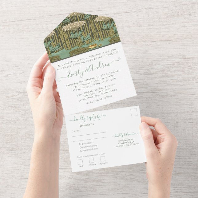 Photo on Back Art Nouveau Dragonfly Lily Pad  All  In One Invitation (Tearaway)