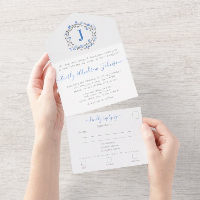 Photo on Back Blue Peony Wreath Simple Modern All  All In One Invitation (Tearaway)