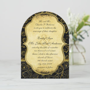 Photo on Back Gold Damask Swirl Wedding Invitation