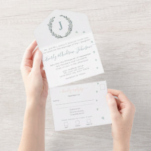 Photo on Back Sage Green Monogram and Wreath All In One Invitation