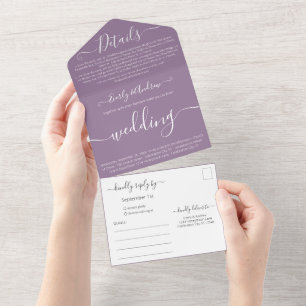Photo on Back Simple Modern Purple Wedding All In One Invitation