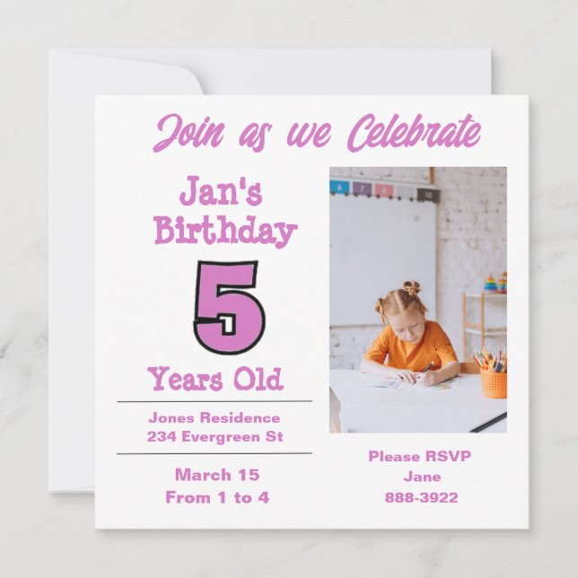 Photo on Five Year Old Girl Party Invitation (Front)