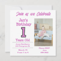 Photo on One Year Old Girl Party Invitation