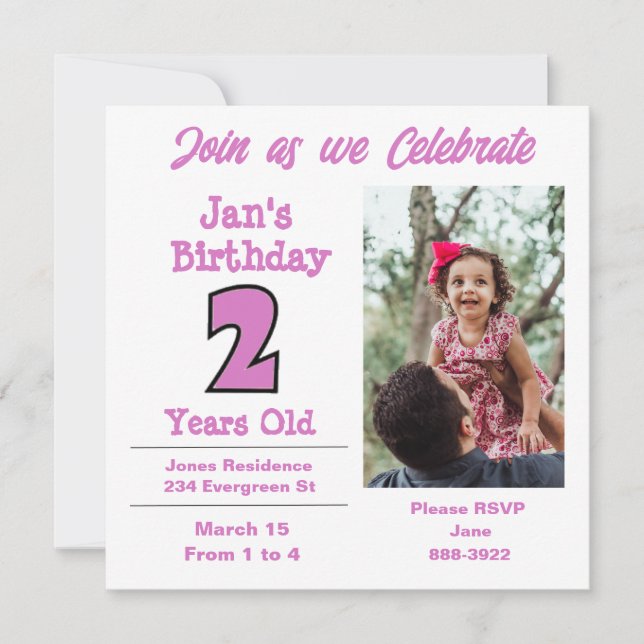 Photo on Two Year Old Girl Party Invitation (Front)