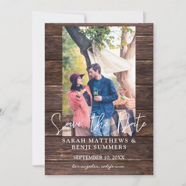 Photo on Wood B Rustic Save the Date - Vertical Invitation (Front)