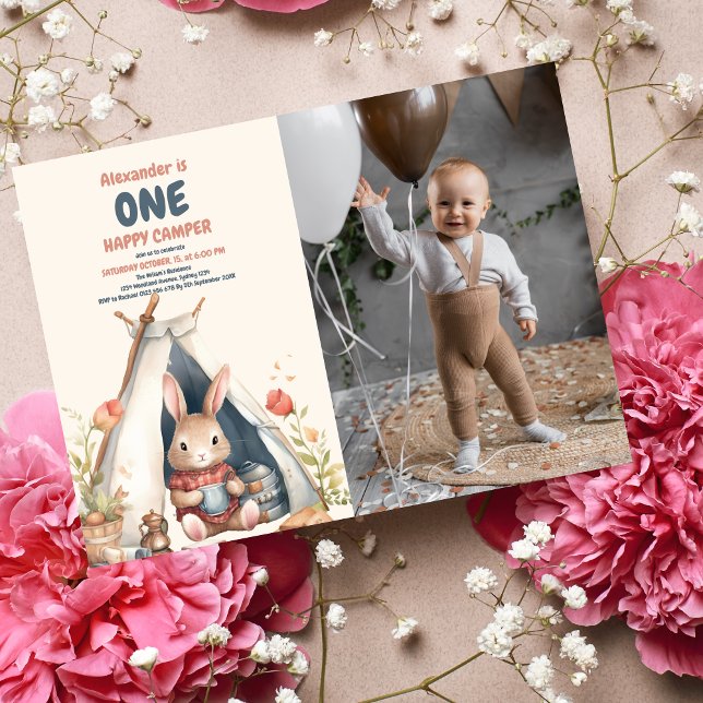 Photo One Happy Camper Wood Boys 1st Birthday Invitation (Creator Uploaded)