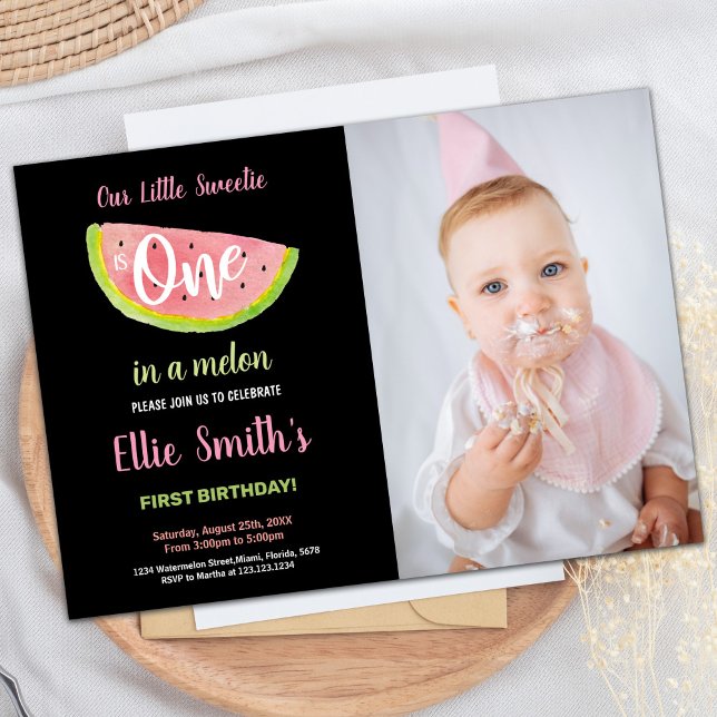 Photo One Pink Green Watermelon Birthday Invitation (Photo One Pink Green Watermelon Birthday Invitation)