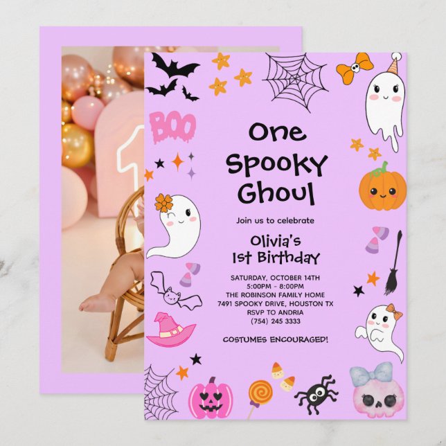Photo One Spooky Ghoul Halloween 1st Birthday Invitation (Front/Back)