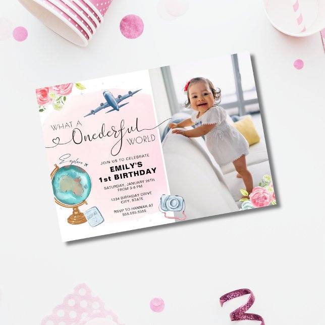 Photo ONEderful World Girl 1st Birthday Invitation (Creator Uploaded)