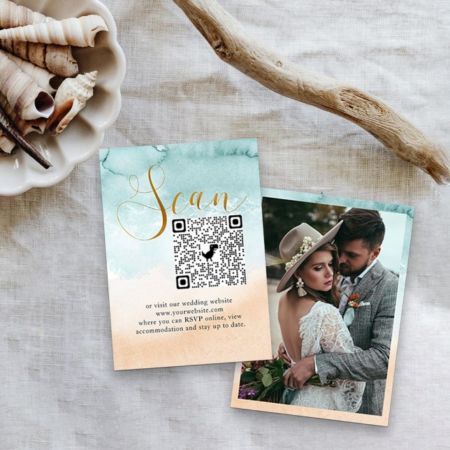 Photo Online RSVP QR Code Beach Wedding Enclosure Card (Creator Uploaded)