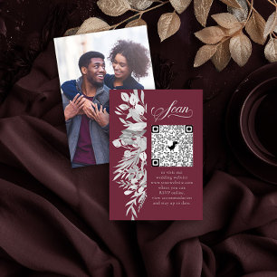 Photo Online RSVP QR Code Botanical Burgundy Grey Enclosure Card