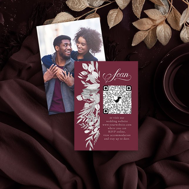 Photo Online RSVP QR Code Botanical Burgundy Grey Enclosure Card (Photo QR Code RSVP Card in Burgundy and Grey from the Foliage Duet Collection by Darling & May)
