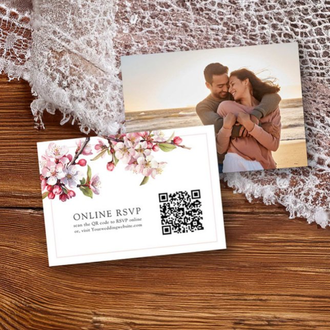 Photo Online RSVP QR Code Cherry Blossom Wedding (Online RSVP qr code card with photo from the Cherry Blossom Wedding Collection by Darling & May)