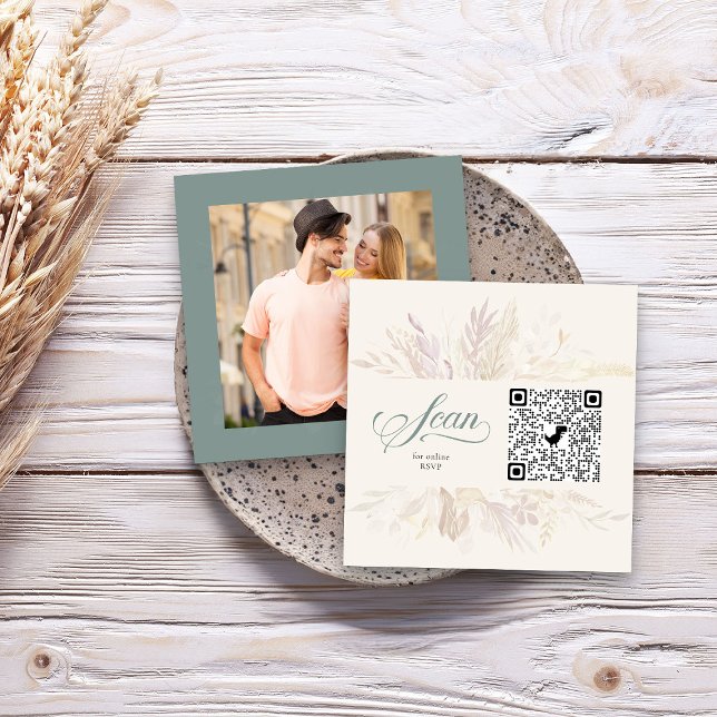 Photo Online RSVP QR Code Sage Green Botanical Enclosure Card (Sage Green square photo online RSVP card with QR code - Foliage Duet wedding collection)