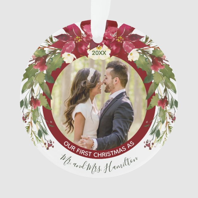 Photo Our 1st Christmas Mr Mrs Poinsettia Floral Ornament (Front)