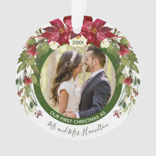Photo Our 1st Christmas Mr Mrs Poinsettia Floral Ornament
