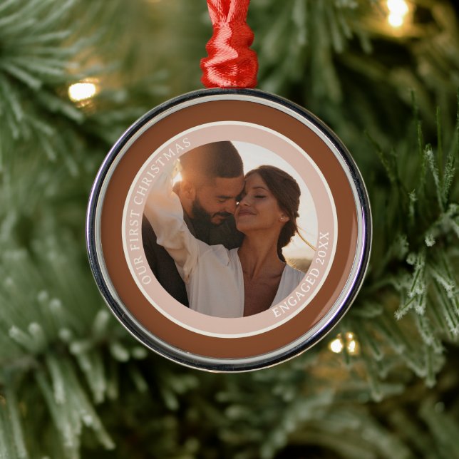 Photo Our First Christmas Engaged Brown Blush  Metal Tree Decoration (Tree)
