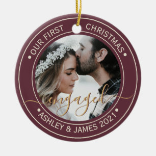 Photo Our First Christmas Engaged Burgundy Ceramic Tree Decoration