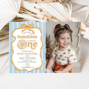 Photo Our Little Sunshine Blue Gingham  Birthday Invitation