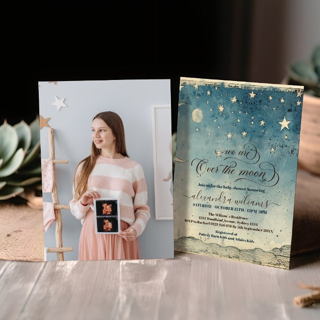 Photo Over the Moon Stars Blue Baby Shower Invitation (Creator Uploaded)