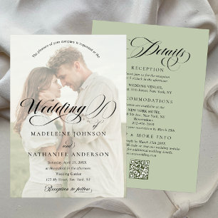 Photo Overlay All In One Sage Green Formal Wedding Invitation