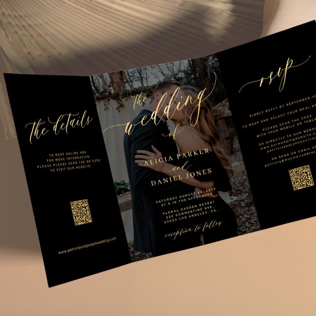 Photo overlay gold black RSVP details QR wedding  Tri-Fold Invitation (Creator Uploaded)