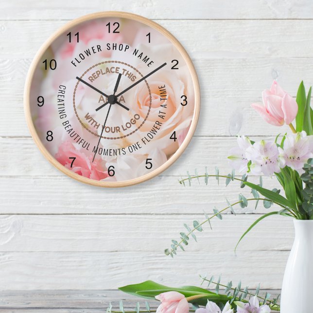 Photo Overlay Logo Quote Florist Flower Shop Clock (Creator Uploaded)