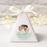 Photo Overlay Love Thanks Script Sage Wedding Classic Round Sticker<br><div class="desc">Photo Overlay Love Thanks Script Sage Wedding Add a touch of minimalist elegance to your wedding favours! An informal set script Love and Thanks and easily personalise your names and wedding date. Replace the sample photo with your own favourite, which will upload behind a graduated tinted layer with some of...</div>