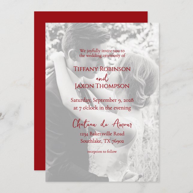 Photo Overlay Lovely Red Text Minimalist Wedding Invitation (Front/Back)