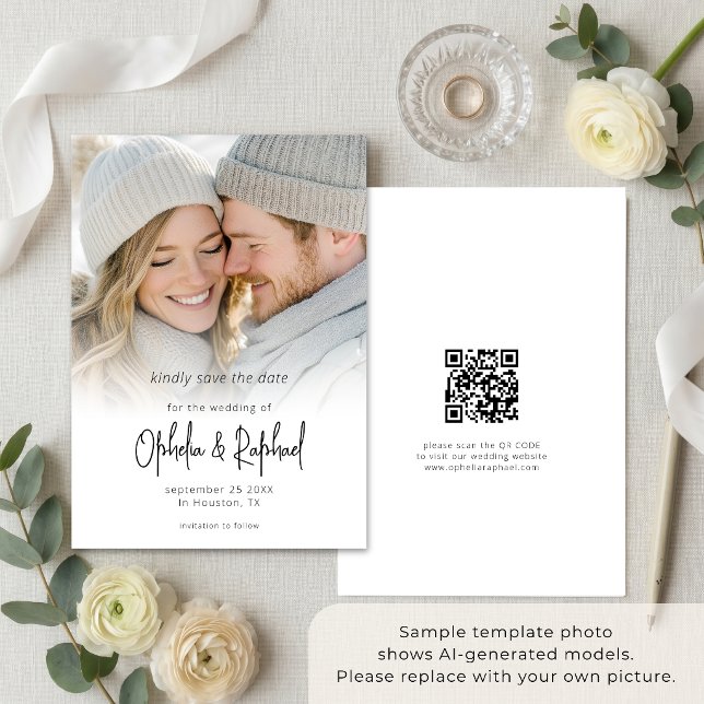 Photo Overlay Modern Script QR Code Wedding Save The Date (Creator Uploaded)