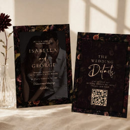 Photo Overlay Moody Floral Burgundy Wedding Invitation