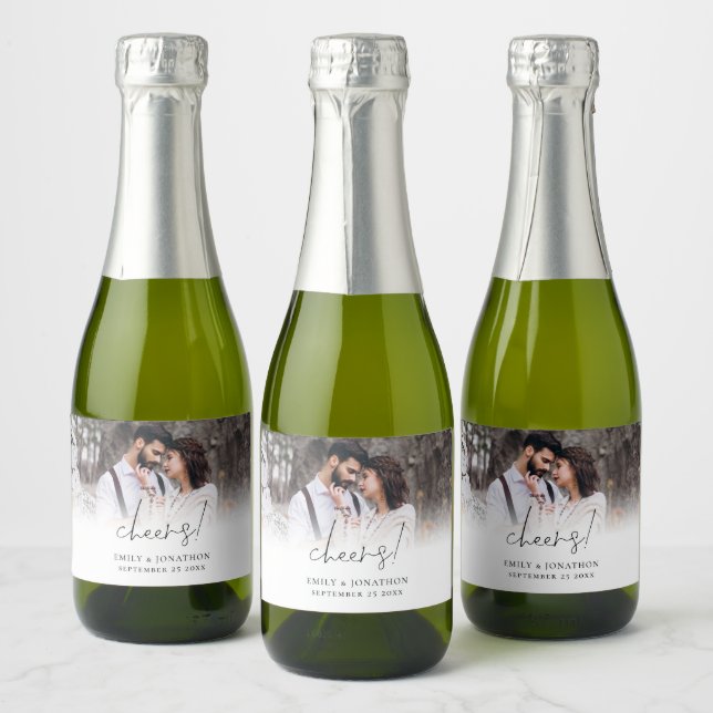Photo Overlay Names Date Cheers Wedding Favour Sparkling Wine Label (Bottles)