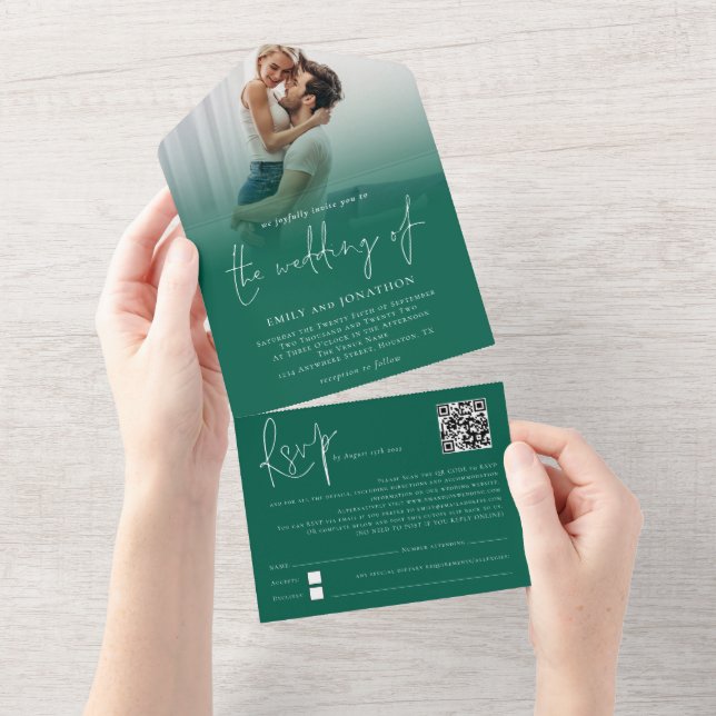 Photo Overlay QR Code Emerald Green Script Wedding All In One Invitation (Tearaway)