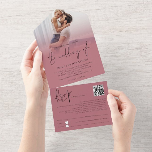 Photo Overlay QR Code Rose Gold Script Wedding All In One Invitation (Tearaway)