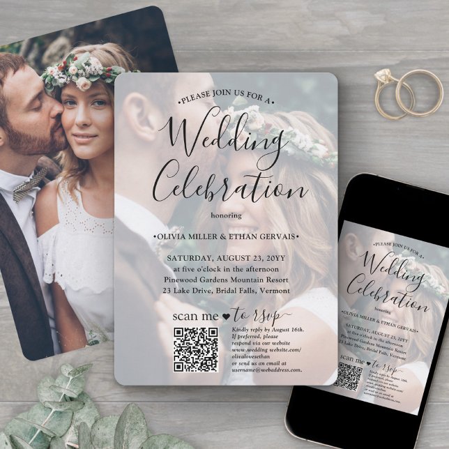 Photo Overlay QR Code RSVP Simple Script Wedding Invitation (Creator Uploaded)