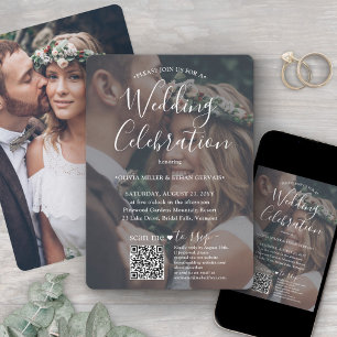 Photo Overlay QR Code RSVP White Script Wedding Invitation