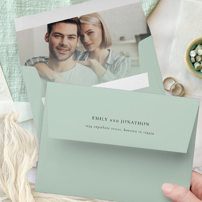 Photo Overlay Return Name Address Sage Wedding Envelope (Back flap and inside view)