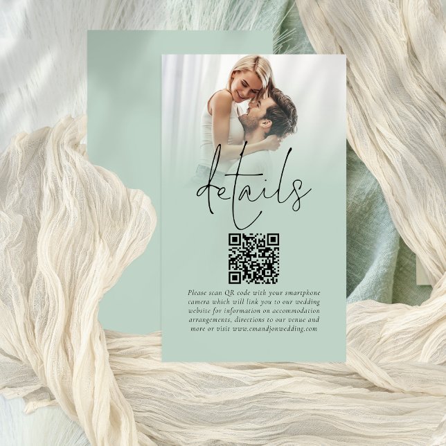 Photo Overlay Script QR Code Sage Wedding Details  Enclosure Card (Front and back view)