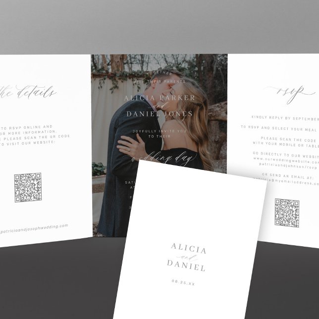 Photo overlay silver wedding RSVP details QR code  Tri-Fold Invitation (Creator Uploaded)